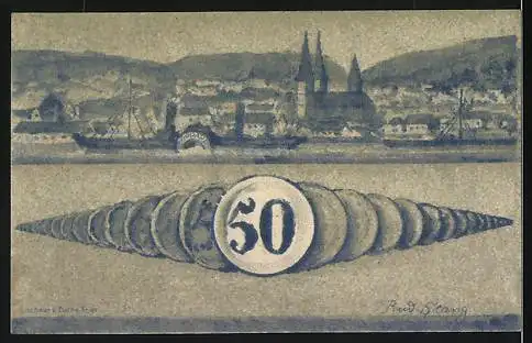 Notgeld Boppard, 1921, 50 Pfennig, Gutschein mit Stadtansicht und Siegel, Rückseite mit Stadtpanorama und 50-Münzen