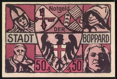 Notgeld Boppard, 1921, 50 Pf, Stadtansicht und Wappen mit historischen Figuren