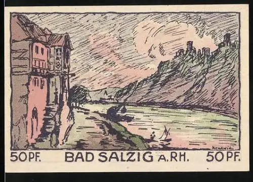 Notgeld Bad Salzig 1921, 50 Pf, Flusslandschaft und alter Mann mit Stock
