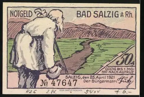 Notgeld Bad Salzig 1921, 50 Pf, Flusslandschaft und alter Mann mit Stock