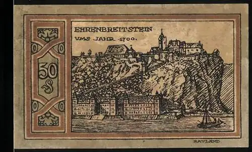 Notgeld Ehrenbreitstein, 1921, 50 Pfennig, Stadtansicht und Wappen, Gutschein gültig 3 Monate nach Aufruf