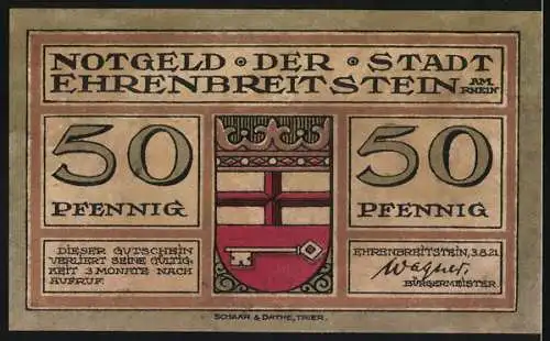 Notgeld Ehrenbreitstein, 1921, 50 Pfennig, Stadtansicht und Wappen, Gutschein gültig 3 Monate nach Aufruf