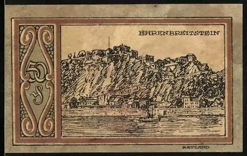 Notgeld Ehrenbreitstein, 1921, 50 Pfennig, Landschaft und Stadtwappen