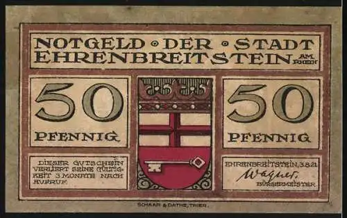 Notgeld Ehrenbreitstein, 1921, 50 Pfennig, Landschaft und Stadtwappen