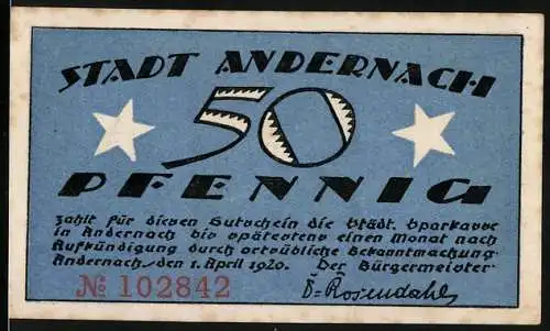 Notgeld Andernach, 1920, 50 Pfennig, blau mit Sternen und Stadtwappen, Serie Nr. 102842