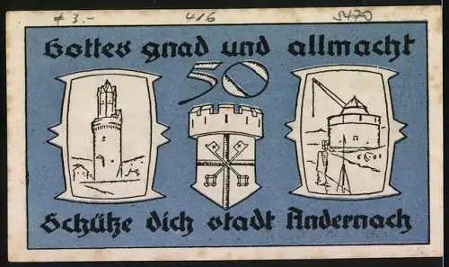 Notgeld Andernach, 1920, 50 Pfennig, blau mit Sternen und Stadtwappen, Serie Nr. 102842