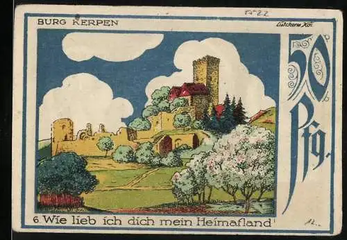 Notgeld Speicher, 1921, 50 Pfennig, Vorderseite Burg Kerpen Rückseite Eifelvater Dr. Dronke