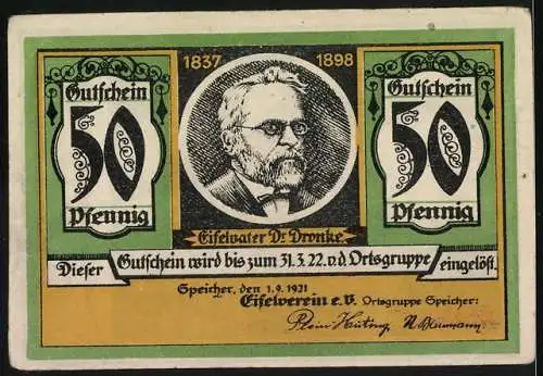 Notgeld Speicher, 1921, 50 Pfennig, Vorderseite Burg Kerpen Rückseite Eifelvater Dr. Dronke