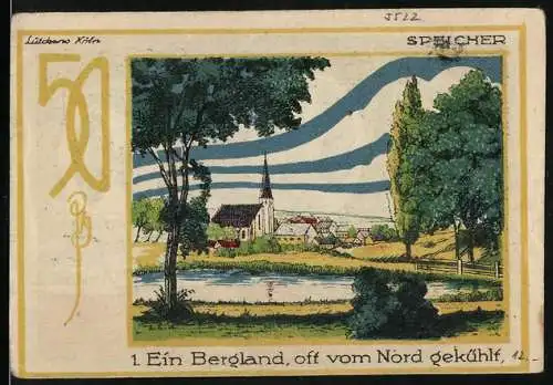 Notgeld Speicher, 1921, 50 Pfennig, Landschaft mit Kirche und Porträt Dr. Dronke, gültig bis 31.03.1922