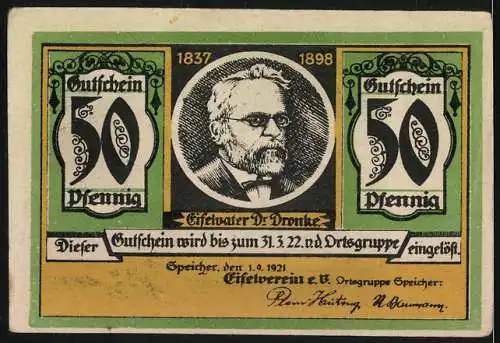 Notgeld Speicher, 1921, 50 Pfennig, Landschaft mit Kirche und Porträt Dr. Dronke, gültig bis 31.03.1922