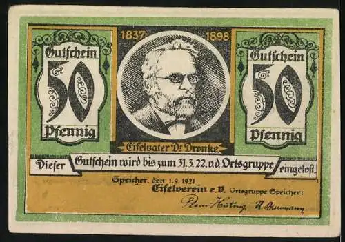 Notgeld Speicher 1921, 50 Pfennig, Kyllburg, Landschaft und Portrait von Eifelvater Dr. Dronke