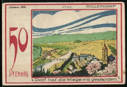 Notgeld Speicher 1921, 50 Pfennig, Bollendorf, Dorfansicht mit Kirche und Porträt von Dr. Dronke