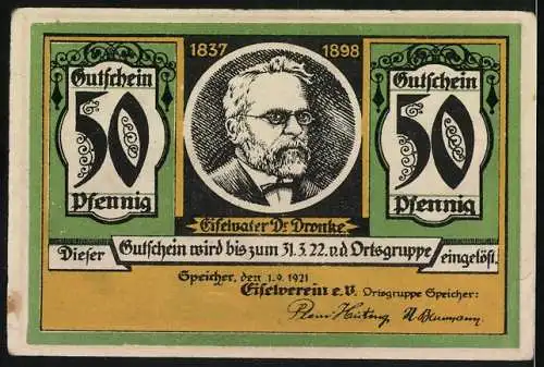 Notgeld Speicher 1921, 50 Pfennig, Bollendorf, Dorfansicht mit Kirche und Porträt von Dr. Dronke