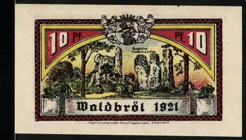 Notgeld Waldbröl 1921, 10 Pfennig, Burgruine Windeck, Landwirte und Baum