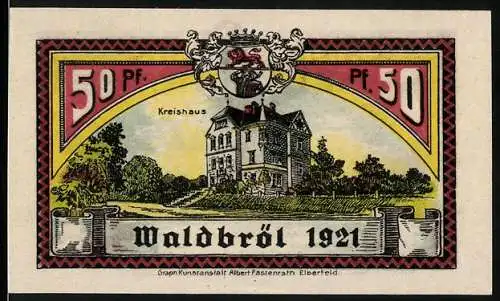 Notgeld Waldbröl 1921, 50 Pfennig, Kreishaus und landwirtschaftliche Szenen