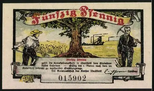 Notgeld Waldbröl 1921, 50 Pfennig, Kreishaus und landwirtschaftliche Szenen