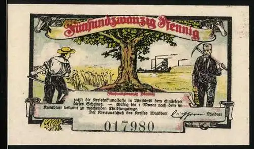 Notgeld Waldbröl 1921, 25 Pfennig, Bauern bei der Ernte und Altes Amtshaus Denkinggen