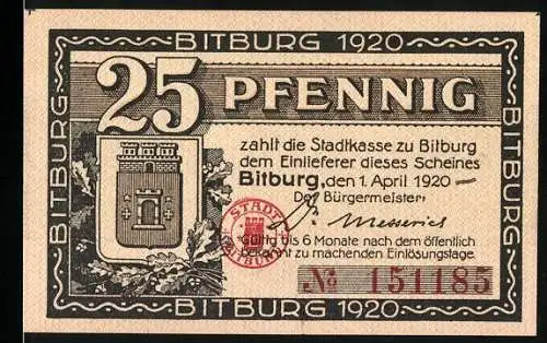 Notgeld Bitburg 1920, 25 Pfennig, Stadtwappen und Schlossillustration