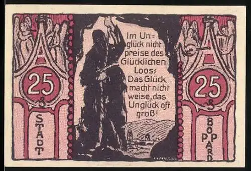 Notgeld Boppard, 1921, 25 Pfennig, Bergmann mit Spruch und Benediktinerin mit Glocken