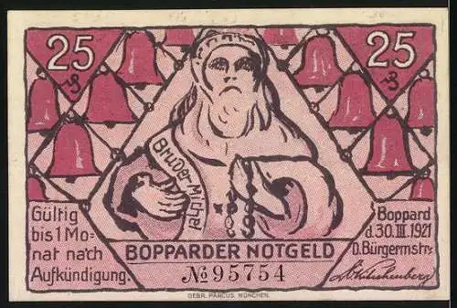 Notgeld Boppard, 1921, 25 Pfennig, Bergmann mit Spruch und Benediktinerin mit Glocken