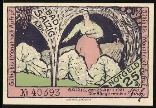 Notgeld Bad Salzig 1921, 25 Pfennig, Frau vor Felsen und Steinmonument in Landschaft