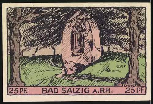 Notgeld Bad Salzig 1921, 25 Pfennig, Frau vor Felsen und Steinmonument in Landschaft