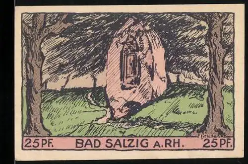 Notgeld Bad Salzig a. Rh., 1921, 25 Pf, Landschaft und Frau unter Baum mit Weinreben