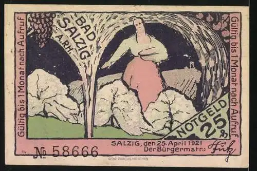 Notgeld Bad Salzig a. Rh., 1921, 25 Pf, Landschaft und Frau unter Baum mit Weinreben