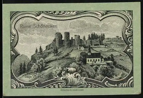 Notgeld Prüm, 1920, 25 Pfennig, Ruine Schönecken und Wappen mit Lamm und Kreuz
