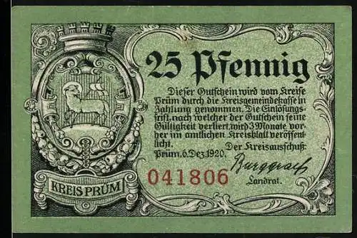 Notgeld Prüm, 1920, 25 Pfennig, Grün mit Wappen und Ruine Schönecken