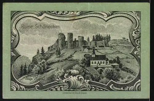 Notgeld Prüm, 1920, 25 Pfennig, Grün mit Wappen und Ruine Schönecken