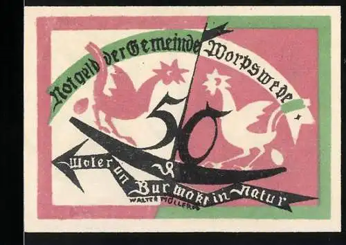 Notgeld Worpswede, 1921, 50 Pfennig, Hähne und Schriftbänder mit Text über Natur und Gemeinde