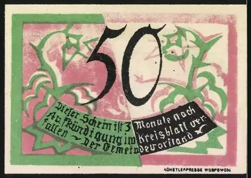 Notgeld Worpswede, 1921, 50 Pfennig, Hähne und Schriftbänder mit Text über Natur und Gemeinde