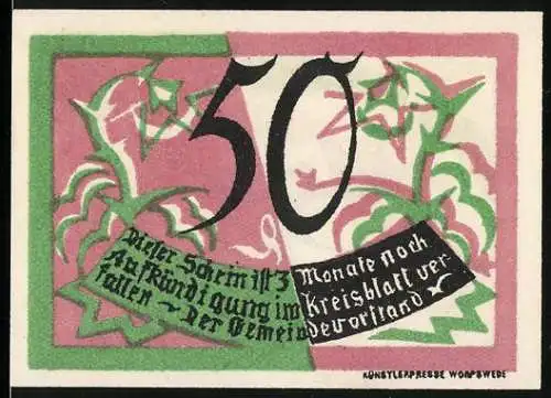 Notgeld Worpswede, 1921, 50 Pfennig, Kunstpresse Worpswede, bunte dekorative Gestaltung mit Text und Symbolen