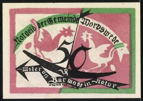 Notgeld Worpswede, 1921, 50 Pfennig, Kunstpresse Worpswede, bunte dekorative Gestaltung mit Text und Symbolen