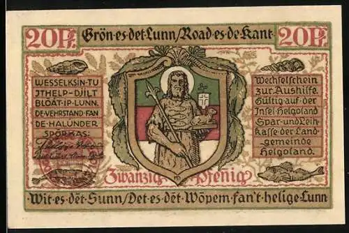 Notgeld Helgoland 1921, 20 Pfennig, Wesselburen und Insel Helgoland, Frau mit Tracht und Wappen