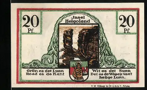 Notgeld Helgoland, 1921, 20 Pf, Darstellung der Insel Helgoland und Text in friesischer Sprache