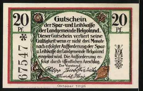 Notgeld Helgoland, 1921, 20 Pf, Darstellung der Insel Helgoland und Text in friesischer Sprache