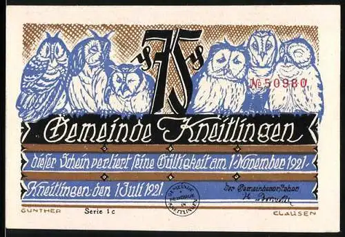 Notgeld Kneitlingen 1921, 75 Pfennig, Eulenmotiv und Seiltänzer Till Eulenspiegel mit Stadtansicht