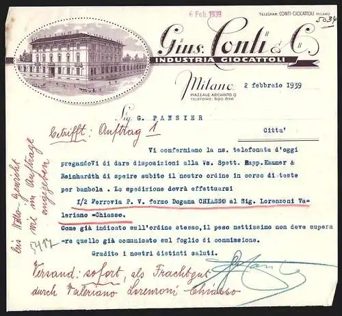 Rechnung Milano 1939, Gius Conti & Co., Industria Giocattoli, Blick auf das Betriebsgebäude