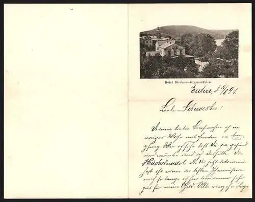 Briefkopf Gremsmühlen 1891, Das Hotel Diecksee mit Blick zum Wassser