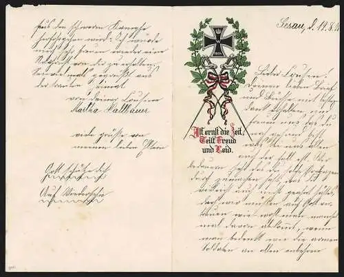 Briefkopf Gesau 1915, Eisernes Kreuz, gekreuzte Degen, Reichsfarben, Eichenblätter