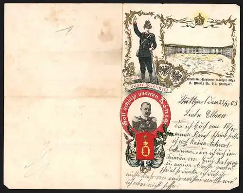 Briefkopf Stuttgart 1903, König Wilhelm II., Soldat in Uniform, Kaserne des Grenadier-Regiments Königin Olga