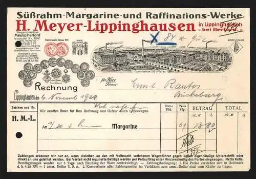 Rechnung Lippinghausen 1908, H. Meyer, Süssrahm-, Margarine- und Raffinations-Werke, Fabrik mit Gleisanlage