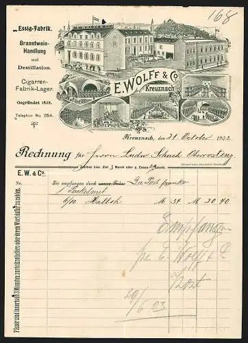 Rechnung Bad Kreuznach 1902, E. Wolff & Co., Essig-Fabrik & Branntwein-Handlung, Geschäftsgebäude mit Weinkellern