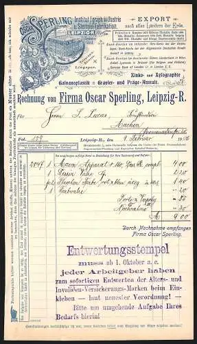 Rechnung Leipzig-R. 1906, Oscar Sperling, Institut für graph. Industrie und Stempel-Fabrikation, Geschäft und Medaillen