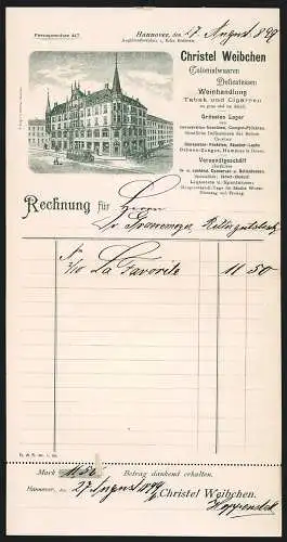 Rechnung Hannover 1899, Christel Weibchen, Gemischt- und Tabakwarenhandlung, Strassenbahn vor der Ladenfront