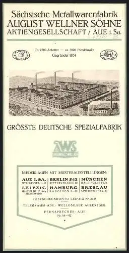 Werbebillet Aue i. Sa., August Wellner Söhne, Sächsische Metallwarenfabrik AG, Gesamtansicht der Betriebsanlage
