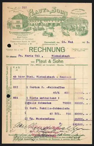Rechnung Darmstadt 1923, Plaut & Sohn, Lebensmittelgrosshandlung, Lagerhäuser, Comptoir, Innenansicht