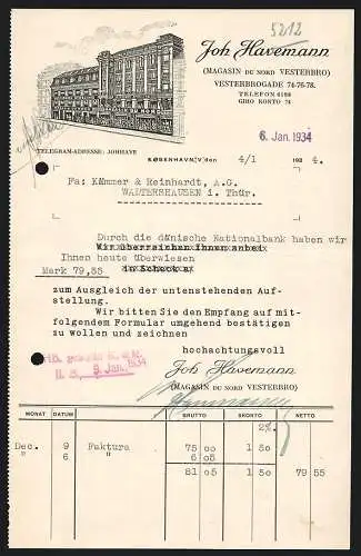 Rechnung Kobenhavn 1934, Joh Havemann, Magasin du Nord Vesterbro, Geschäft in der Vesterbrogade 74-78